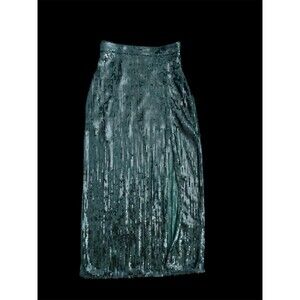 H&M Mermaidcore Fairycore Dark Green Sequin Midi Skirt, Front Slit Bodycon Sz 2